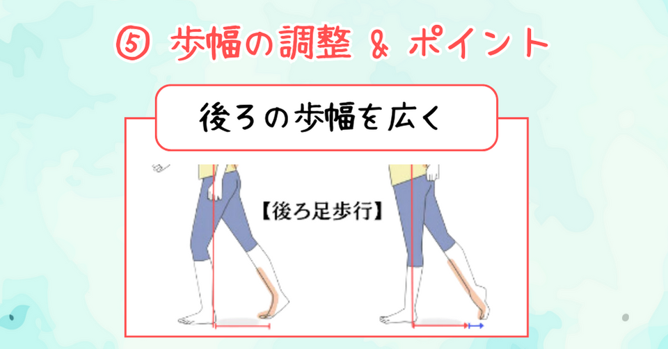 正しい歩き方の歩幅：後ろの歩幅を広く